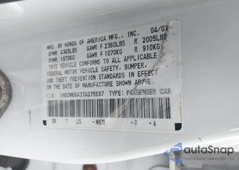 2007 Honda Accord 3.0 Se из США, поврежденный, VIN 1HGCM66437A075697